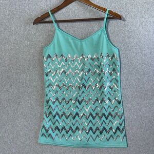 Vanity Essentials Cami Tank Top Y2K Large Teal Sequin Chevron Excellent Strappy